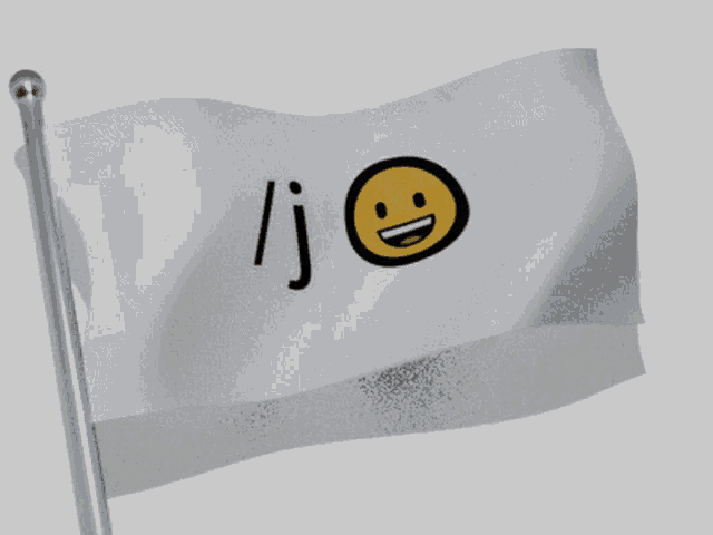 a white flag with a yellow smiley face and / j / on it