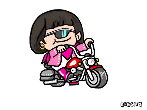 a cartoon drawing of a girl riding a motorcycle with the words bugcity below her