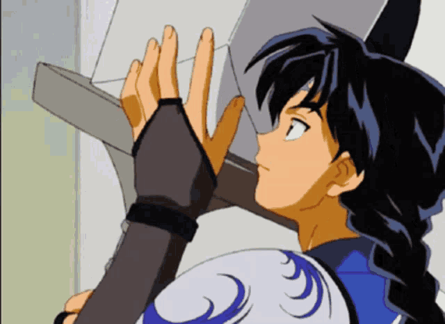 a cartoon character is holding a sword and looking at it