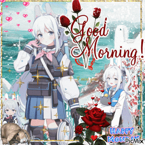a good morning greeting card with a girl and rabbit