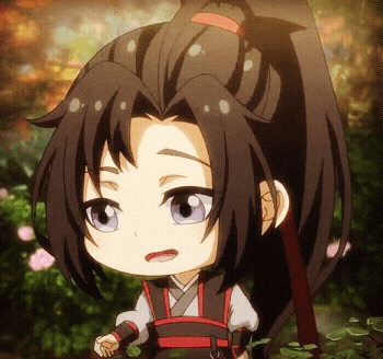 a close up of a cartoon character with long black hair