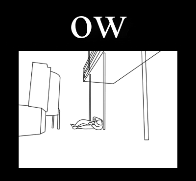 a black and white drawing of a person laying on a swing with the word ow above it