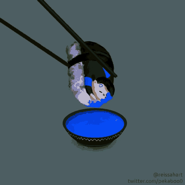 a drawing of a sushi being eaten with chopsticks and two bowls of blue sauce