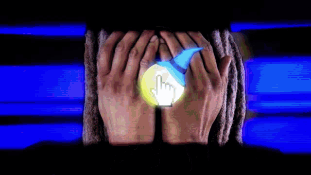 a person with dreadlocks holds their hands in front of a glowing hand icon