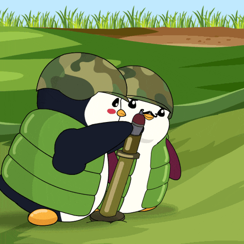 a couple of penguins in military uniforms holding a bomb