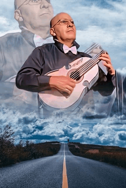 a man in a bow tie is holding a guitar that says " aeo " on it