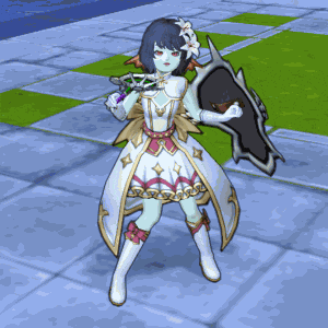 a girl in a white dress is holding a black shield