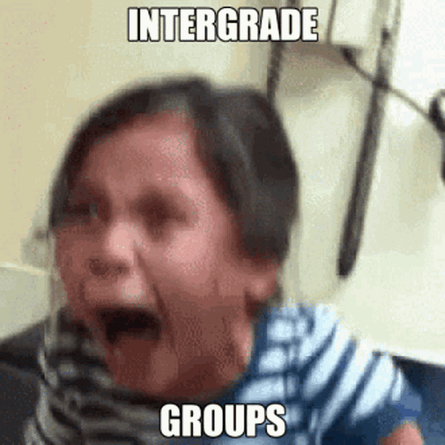 a girl is crying with the words intergrade groups written on her face .