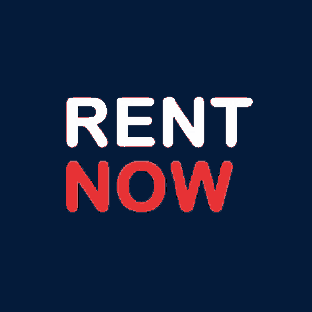 a blue background with the words rent now in white and red letters