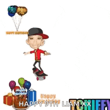 a cartoon boy is riding a skateboard with the words happy 9th liam xx life written on it