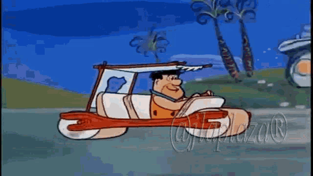 a cartoon character is driving a car with a canopy .