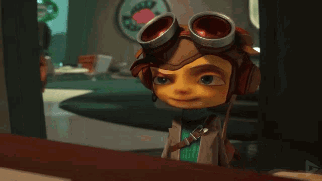 a cartoon character wearing a helmet and goggles looks out a window