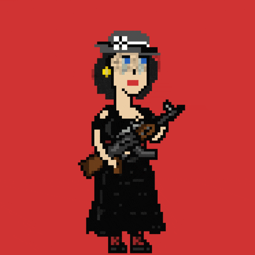 a pixel art of a woman holding a gun with a red background