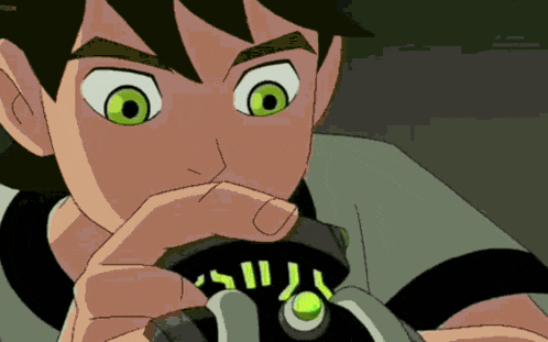 a cartoon character with green eyes is holding something