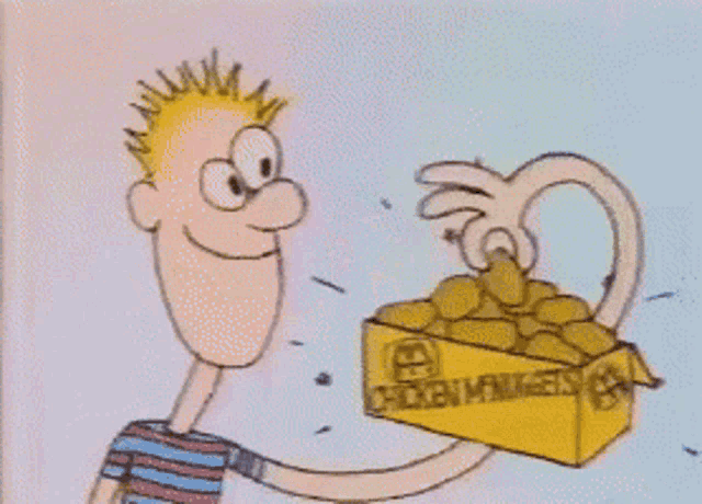 a cartoon man is holding a box of chicken wings