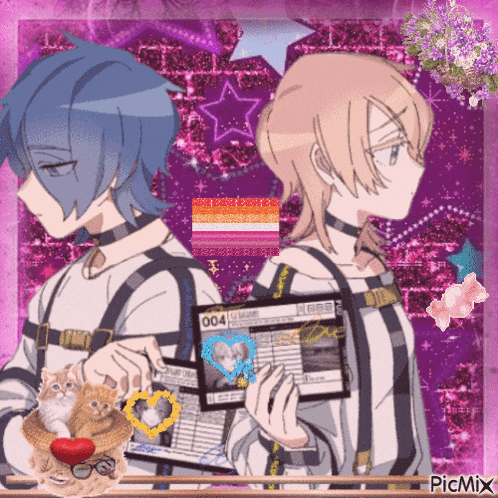 a couple of anime characters standing next to each other with one holding a passport that says 004 on it