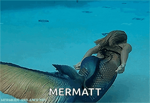 a mermaid is swimming in a pool with the word mermatt written on the bottom