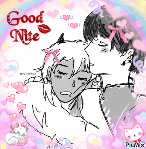 a drawing of a man kissing another man with the words good nite
