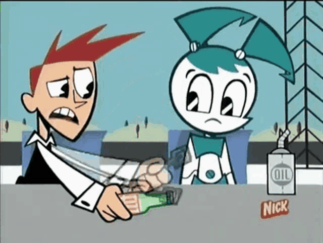 a cartoon of a boy and a girl with a bottle of oil in the background