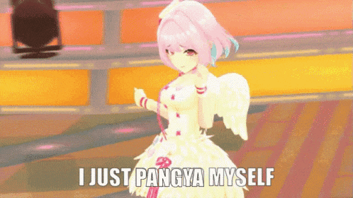 a pink haired anime girl with wings says " i just pangya myself "