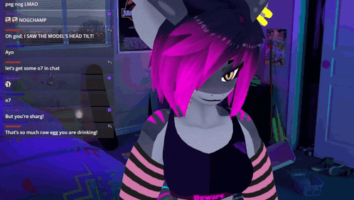 a shark with pink hair and a black shirt that says " beware "
