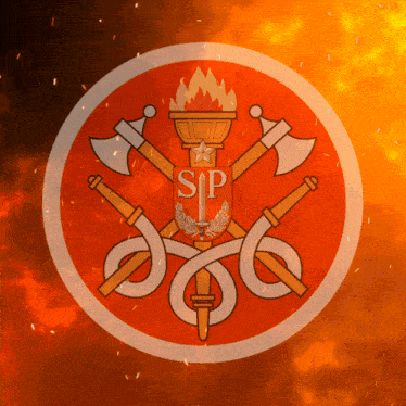 a red and white emblem with the letter sp in the center