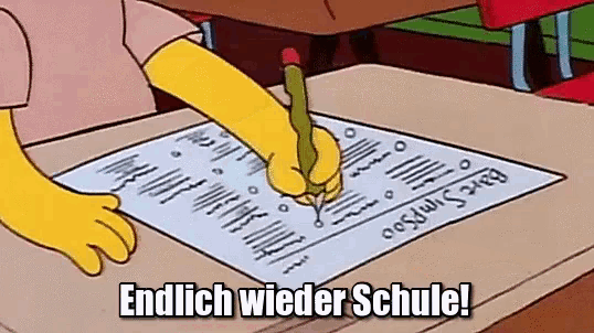 a cartoon character is writing on a piece of paper with the words endlich wieder schule written below it