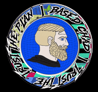 a man with a beard is in a blue circle that says trust the plan based chad