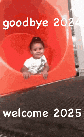 a little girl on a slide with the words goodbye 2024 welcome 2025 on the bottom