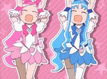 a pink and blue cartoon character with their arms up