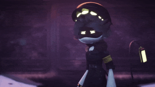 a cartoon character with glowing eyes is wearing a black outfit