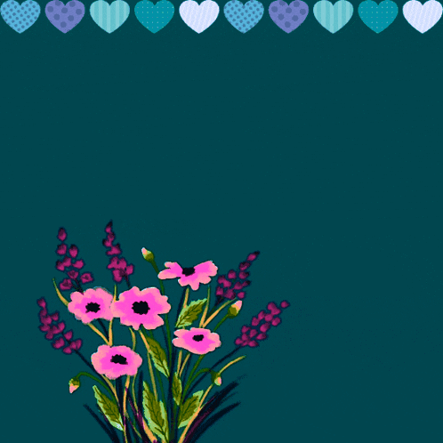 a blue background with hearts and flowers and a sticker that says اللهم صل وسلم