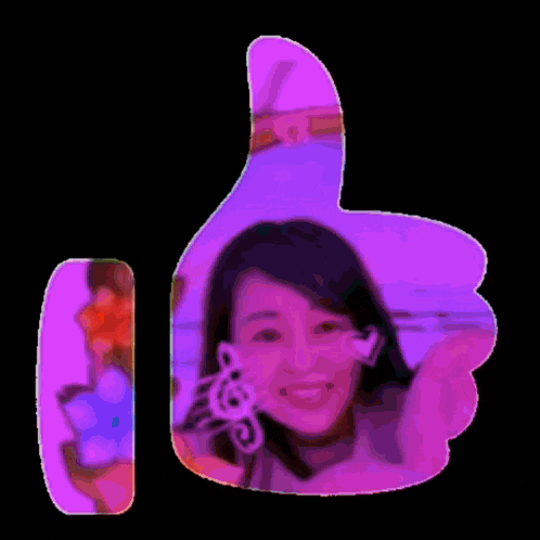 a yellow thumbs up sign with a picture of a smiling woman