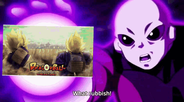 a picture of a dragon ball character and a picture of a purple character saying what rubbish