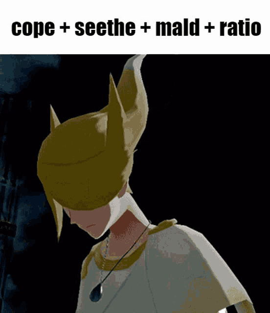 a cartoon character with the words cope + seethe + mald + ratio below it