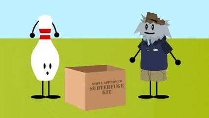 a bowling pin and a man are standing next to a box that says mafia approved surterfuge kit