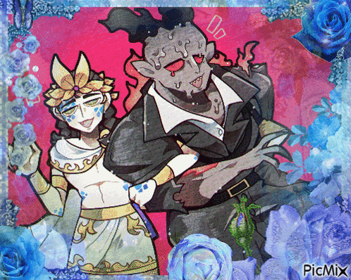 a picture of a man and a woman surrounded by blue roses with picmix written on the bottom