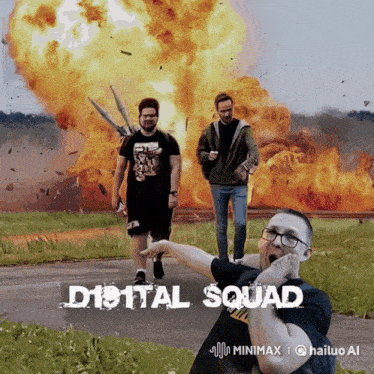 a digital squad poster with a man making a funny face in front of an explosion