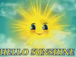 a picture of a smiling sun with the words hello sunshine written below it