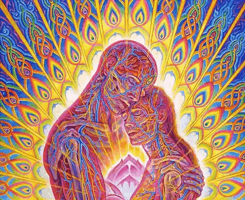a colorful painting of a man and woman hugging