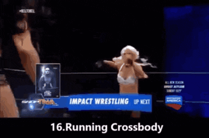 a wrestling match is being shown on impact wrestling up next 16 running crossbody