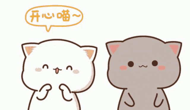 two cartoon cats are standing next to each other and one has a speech bubble that says " happy "