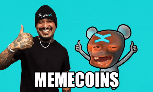 a man giving a thumbs up next to a cartoon bear with the word memecoins on it