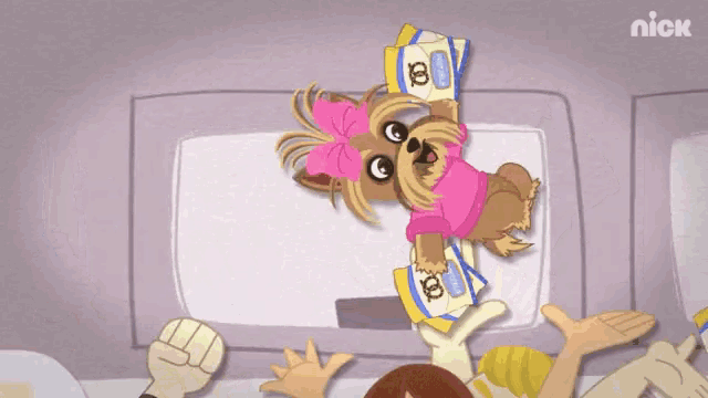 a cartoon of a dog holding a bag of pretzels with the nick logo in the corner
