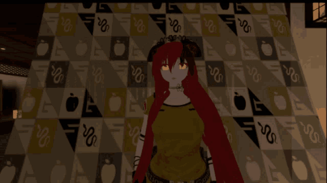 a girl with red hair is standing in front of a wall with snake and apple icons