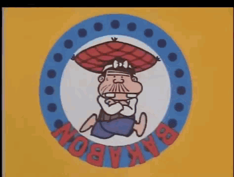 a cartoon character is sitting in a circle with the word bakabon on the bottom