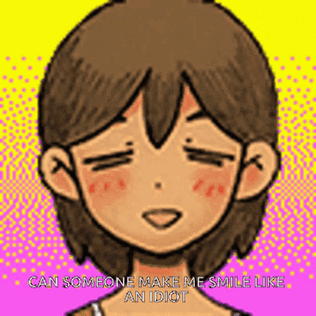 a pixel art drawing of a girl with the words can someone make me smile like an idiot