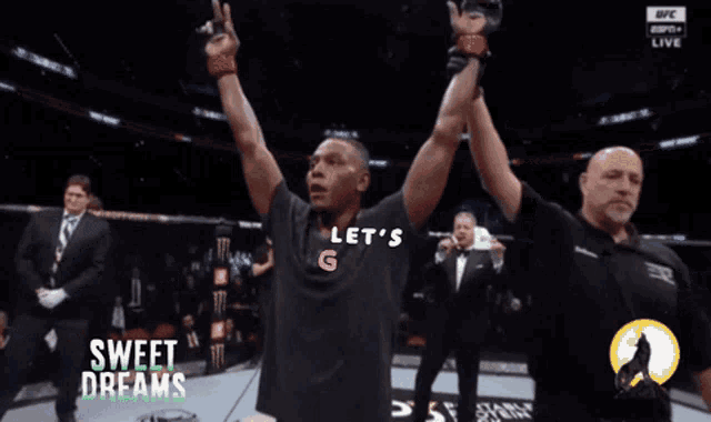 a man in a boxing ring with the words let 's on the bottom right