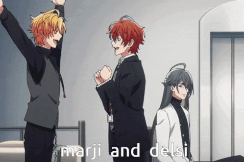 a group of anime characters are standing next to each other with the words marji and delsi written on the bottom