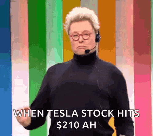 a woman wearing a headset says " when tesla stock hits $ 210 ah " in front of a colorful background